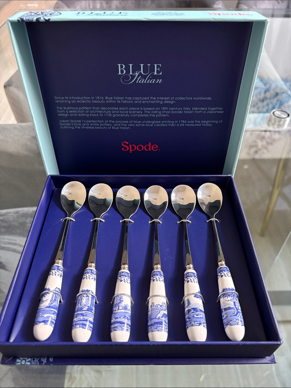 Spode Blue Italian Blue & White Porcelain Handle Teaspoon Set
